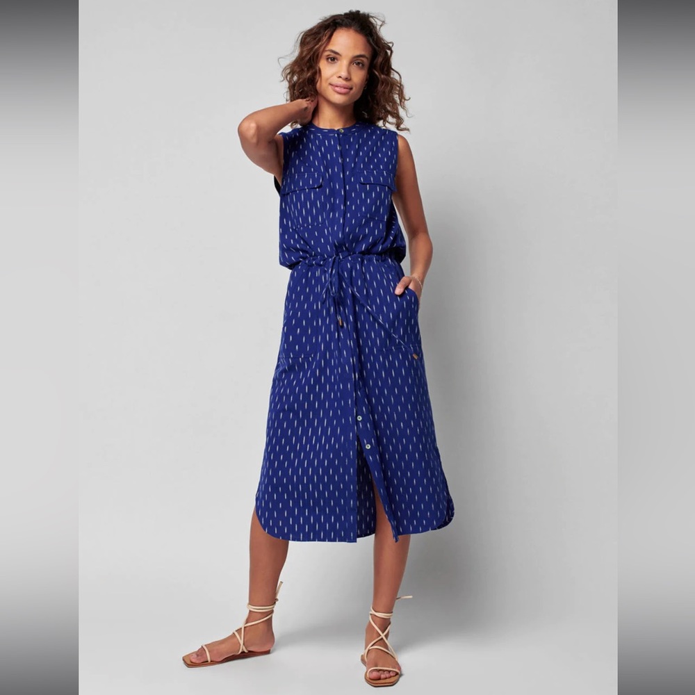 Faherty Saylor Midnight Ikat Button Up Sleeveless Drawstring Dress - XS